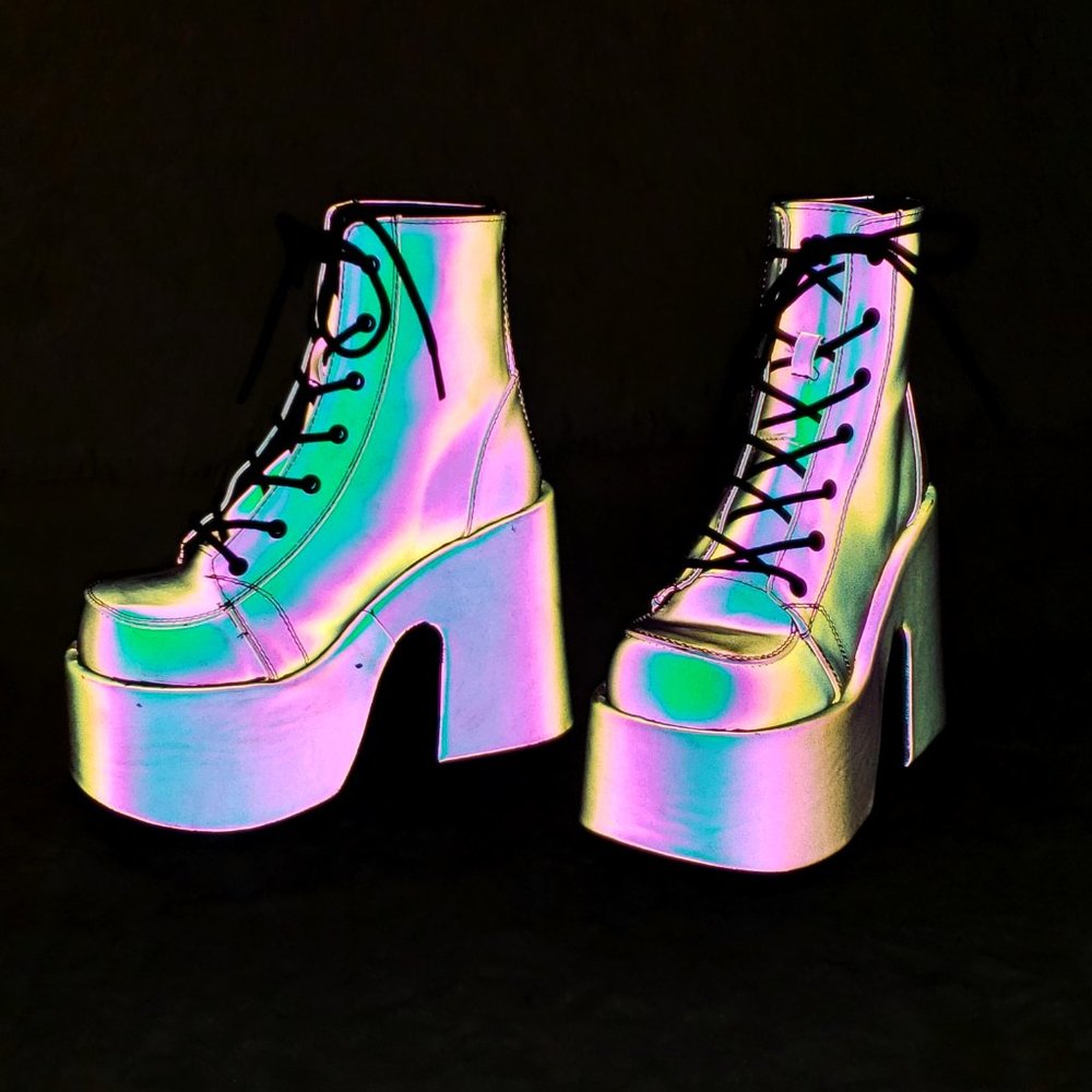 Camel Purple Green Reflective Rave Royalty Festival Platform Ankle Boots - Picture 11 of 15